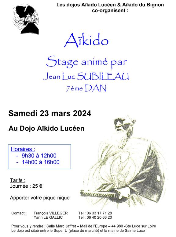 affiche Stage aïkido Jean-Luc SUBILEAU 23 mars 2024