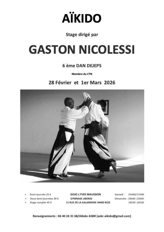 affiche Stage Aïkido Gaston Nicolessi 6ème Dan à Rezé 2026