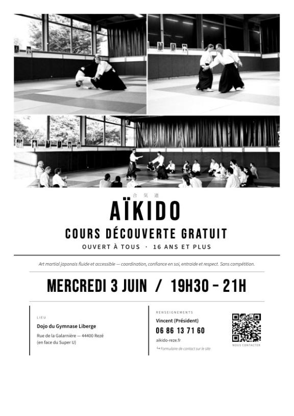 Affiche Aïkido Rezé Nantes – Cours Découverte 3 juin 2026